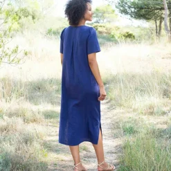 Robe longue unie col V, gaze de coton