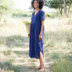Robe longue unie col V, gaze de coton