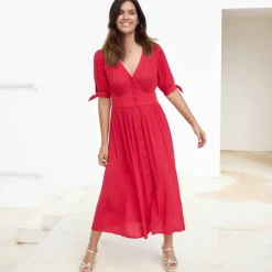 Robe longue évasée unie, viscose crépon