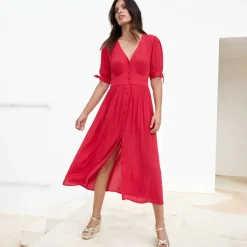 Robe longue évasée unie, viscose crépon