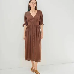Robe longue évasée unie, viscose crépon