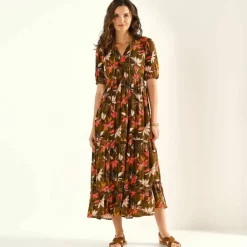 Robe longue volantée, crépon imprimé