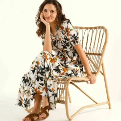 Robe longue volantée, crépon imprimé