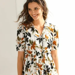 Robe longue volantée, crépon imprimé