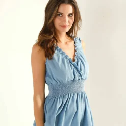 Robe longue volantée, denim léger