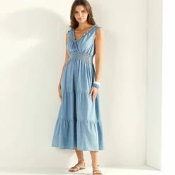 Robe longue volantée, denim léger