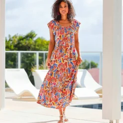 Robe longue volantée, crépon imprimé