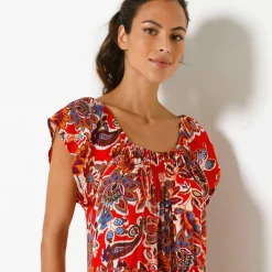 Robe longue volantée, crépon imprimé
