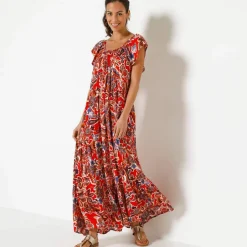 Robe longue volantée, crépon imprimé