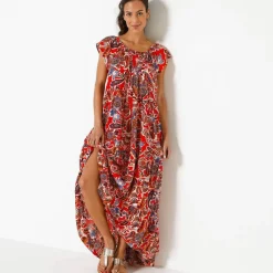 Robe longue volantée, crépon imprimé