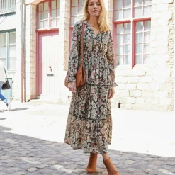 Robe longue volantée imprimée, crépon