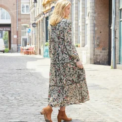 Robe longue volantée imprimée, crépon