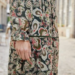 Robe longue volantée imprimée, crépon