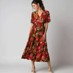 Robe longue volantée imprimée, manches courtes