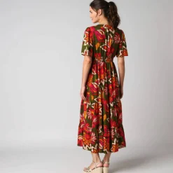 Robe longue volantée imprimée, manches courtes