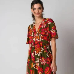 Robe longue volantée imprimée, manches courtes