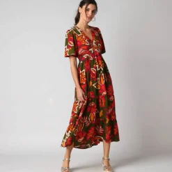 Robe longue volantée imprimée, manches courtes