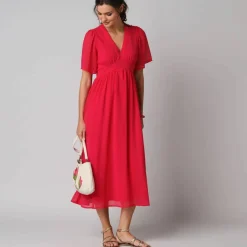 Robe longue volantée unie, à manches courtes papillon