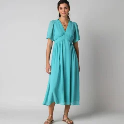 Robe longue volantée unie, à manches courtes papillon