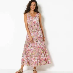 Robe longue à volants, crépon imprimé
