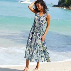 Robe longue à volants, crépon imprimé