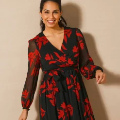 Robe longue volant, voile imprimé