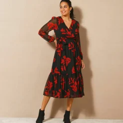 Robe longue volant, voile imprimé
