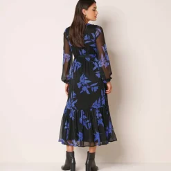 Robe longue volant, voile imprimé