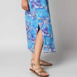 Robe manches courtes détails volantés, voile jacquard imprimé