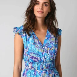 Robe manches courtes détails volantés, voile jacquard imprimé