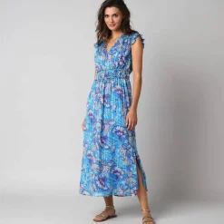 Robe manches courtes détails volantés, voile jacquard imprimé