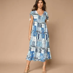 Robe mi-longue imprimée, manches courte