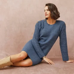 Robe-pull chinée manches longues, épaule boutonnée