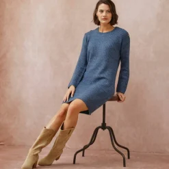 Robe-pull chinée manches longues, épaule boutonnée