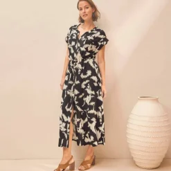 Robe saharienne imprimée, manches courtes