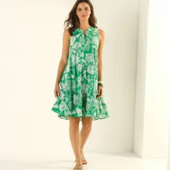 Robe sans manches volantée, batiste imprimée