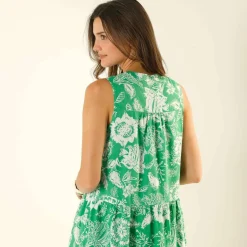 Robe sans manches volantée, batiste imprimée