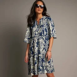 Robe évasée à volants, imprimé ethnique bicolore