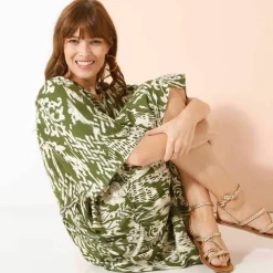 Robe évasée à volants, imprimé ethnique bicolore