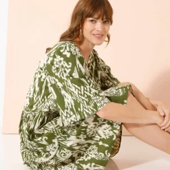 Robe évasée à volants, imprimé ethnique bicolore