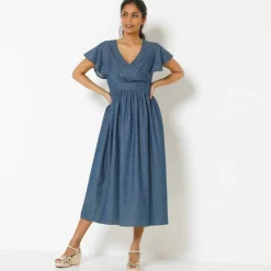 Robe volantée cache-coeur, denim léger