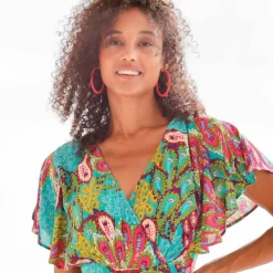 Robe volantée cache-coeur imprimée, crépon
