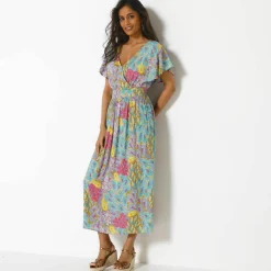 Robe volantée cache-coeur imprimée, crépon