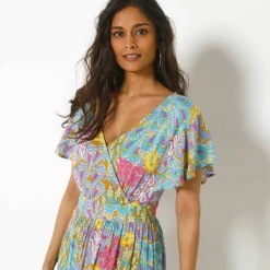 Robe volantée cache-coeur imprimée, crépon