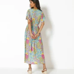 Robe volantée cache-coeur imprimée, crépon