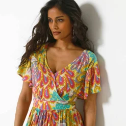 Robe volantée cache-coeur imprimée, crépon