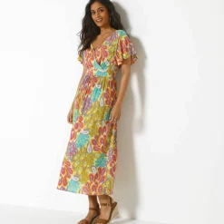 Robe volantée cache-coeur imprimée, crépon
