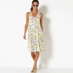 Robe à volants imprimé citrons emmanchures américaines, crépon