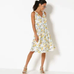 Robe à volants imprimé citrons emmanchures américaines, crépon