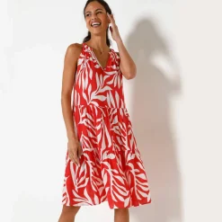 Robe à volants imprimé feuillage emmanchures américaines, crépon